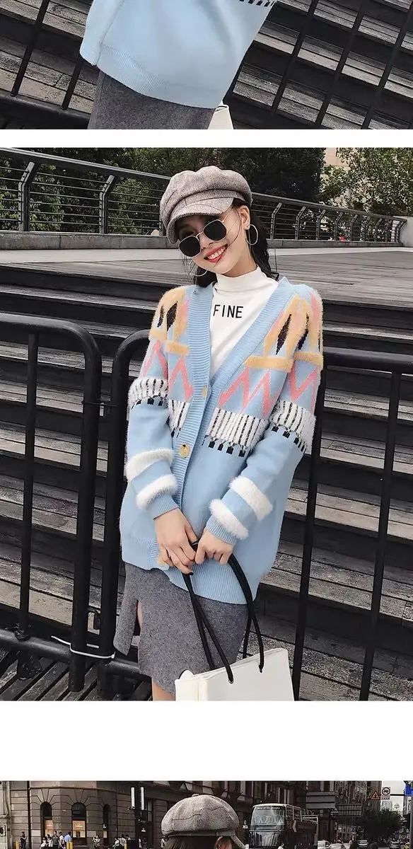 Woman Sweater Knitting New Girl V-neck Jacquard Straight Bottom Clothing Sweater Winter Sweater Cardigan Short Wool Coat