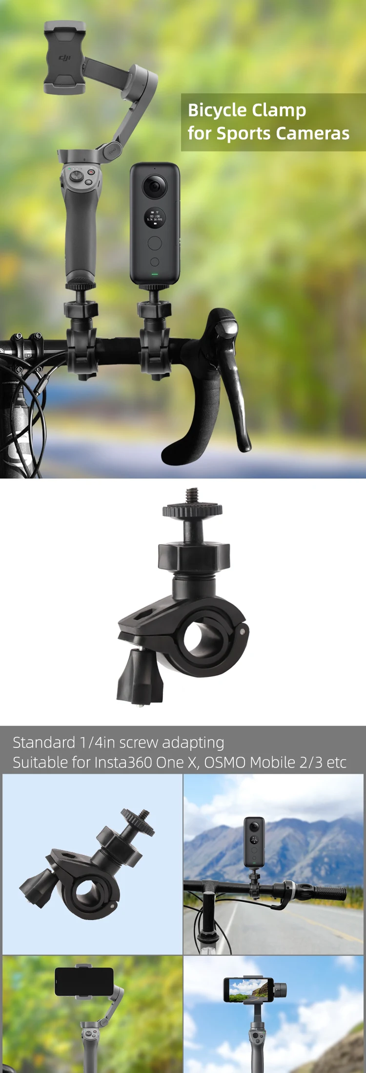 Bicycle Bike Clamp Mount Holder Clip for OSMO Mobile 3 2/Zhiyun Smooth Q 4 Insta360 One X Gopro Hero 5 4 Action Camera