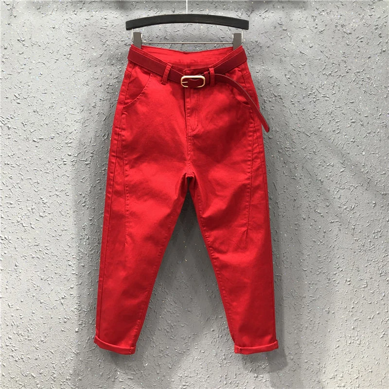 

New Arrival Spring Summer Women Harem Pants Plus Size Elastic Denim Red Pants High Waist Casual Ankle-length Loose Jeans D318