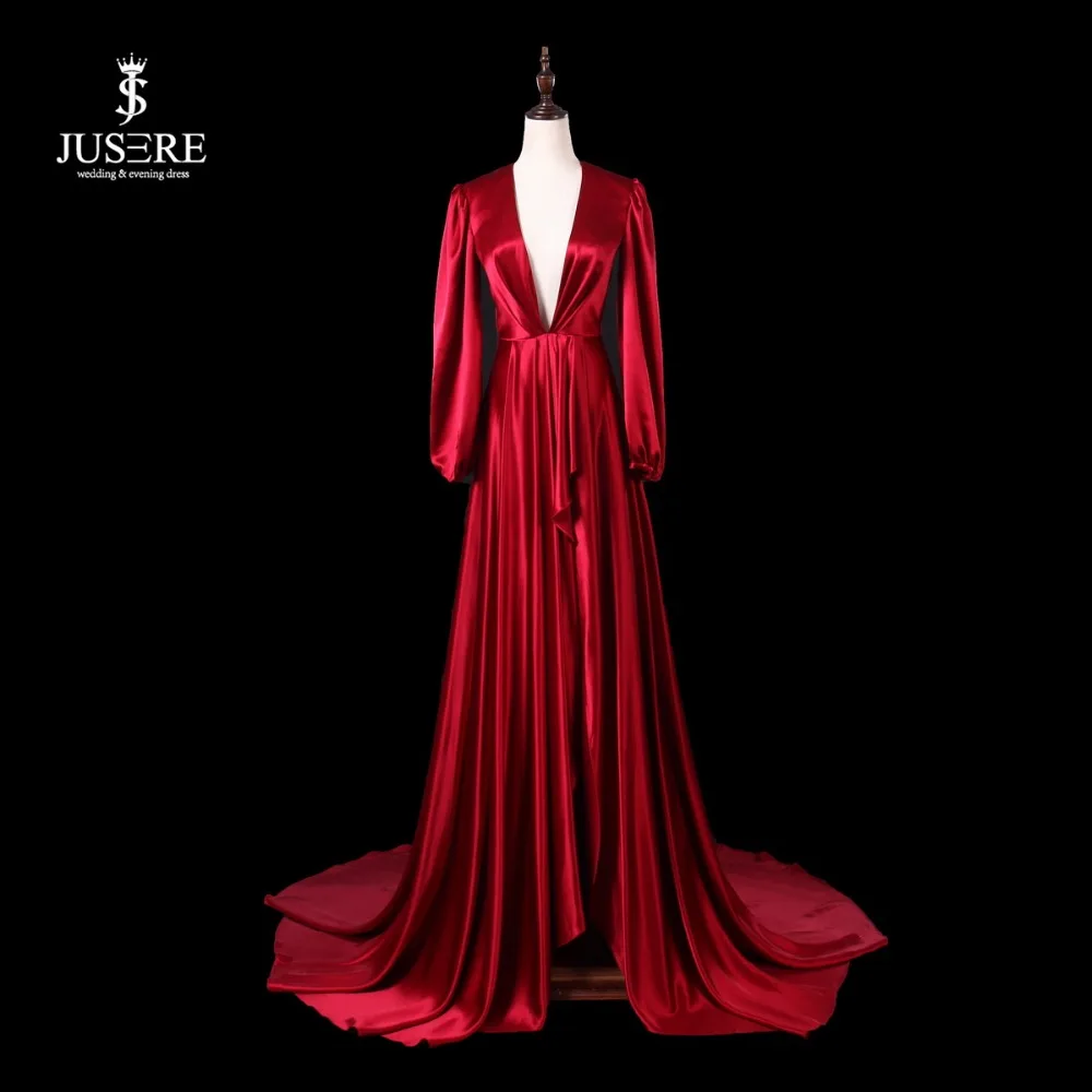 JUSERE Satin A Line Deep V Neck Long 