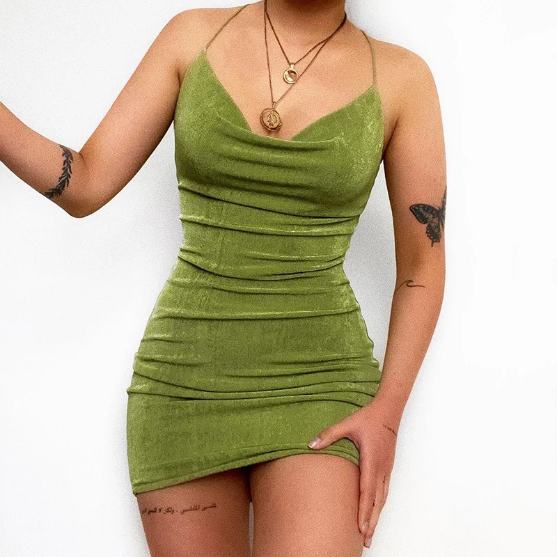 wsevypo Chic Summer Suspender Short Bodycon Dress Women Back Cross Sleeveless Draped V-Neck Mini Sundress Party Club Wear | Женская