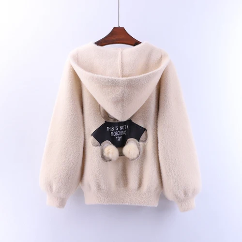 Beige Новинка, весенне-осенняя женская верхняя одежда из искусственного норка и кашемира, вязаный кардиган на молнии, свитера с рисунком, Женская куртка с длинным рукавом, пальто - Цвет: Beige