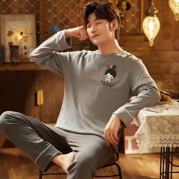

Autumn Long Sleeve Cotton Men's Warm Pajamas Set Pure O-Neck Cartton Print Sleepwear Loose Leisure Masculino Nightwear