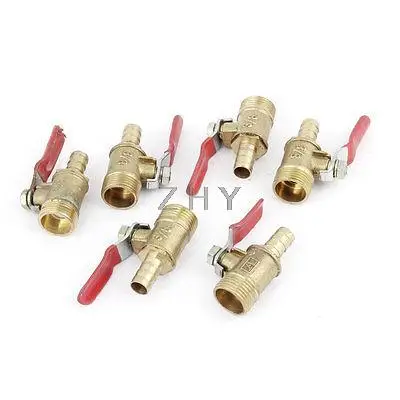 

6pcs 3/8PT Male Thread to 8mm Barb Hose Connector Brass Ball Valve Gold Tone