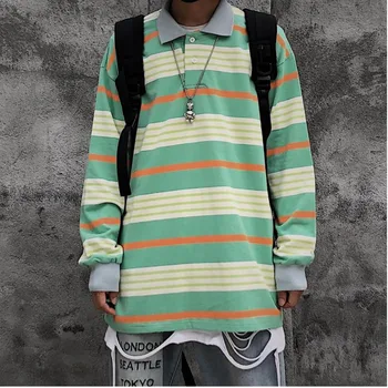 

Men's Long Sleeve T-Shirt 2019 Autumn Winter New Japanese Retro Striped Lapel Long Sleeve T-Shirt Youth Personality Men's Wear