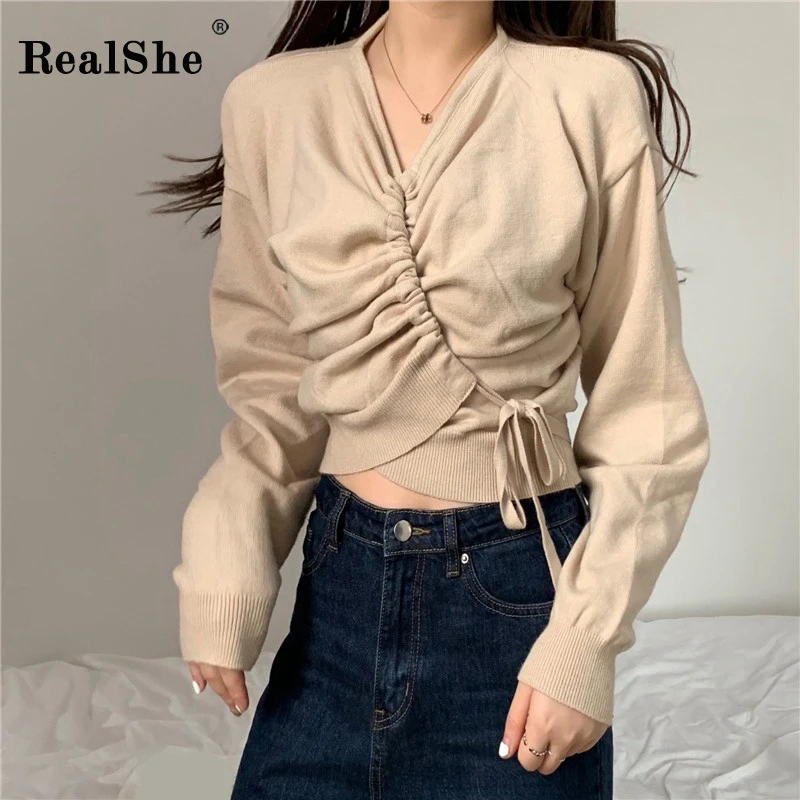 

RealShe Female Sweater V-neck Long Sleeve Solid Bandage Women Cardigan 2020 Winter Spring Casual Elegant Cashmere Sweater Women