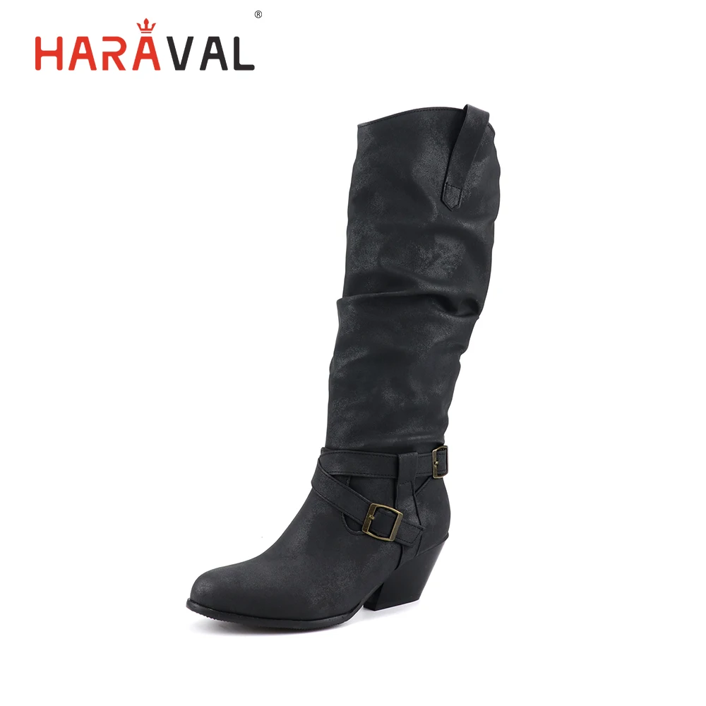 

HARAVAL 2019 winter new long tube boots warm plus velvet belt buckle comfortable round head fashion thick with Martin boots B264