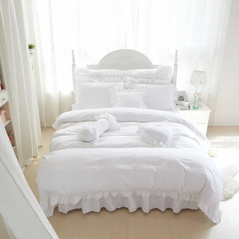 Korean White Ruffle Lace Princess Bedding Set Luxury Wedding Cotton Quilt/Duvet Cover Bed Skirt Linen Bedspread Home Textile | Дом и сад