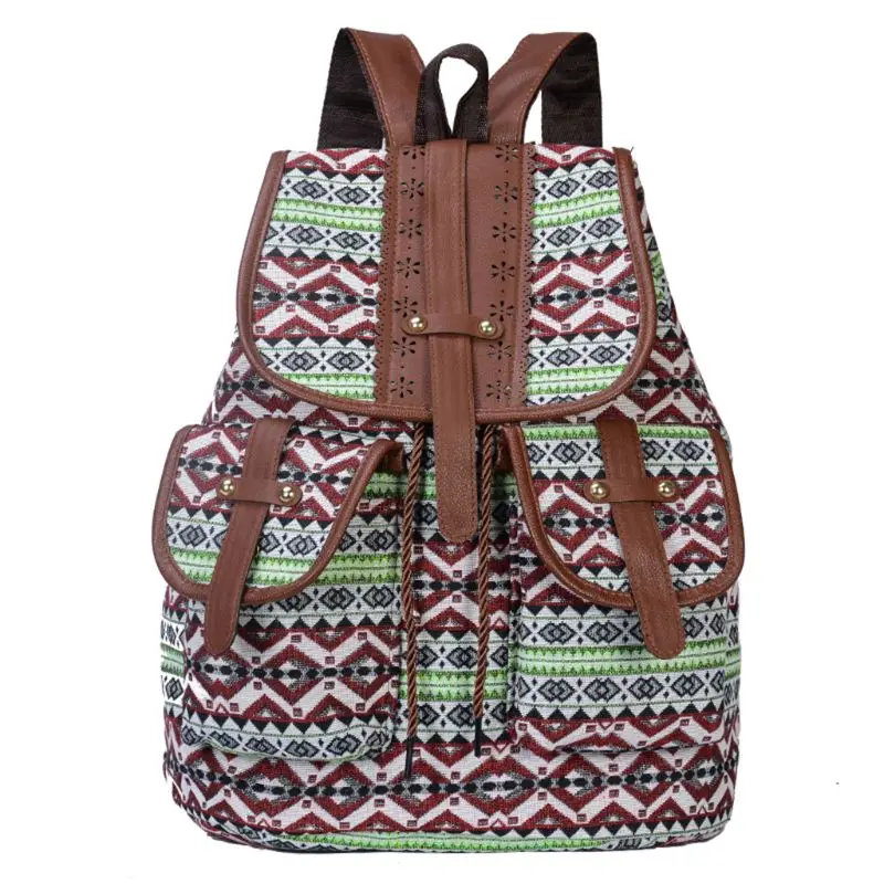 

Vintage Print Canvas Ethnic Backpack for Women Girls School Backpacks Drawstring Bohemia Travel Rucksack