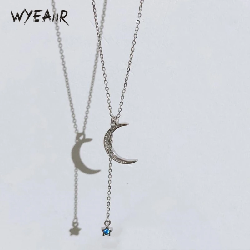 WYEAIIR Rhinestone Moon Stars Simple Student Creativity Literature 925 Sterling Silver Clavicle Chain Female Necklace | Украшения и