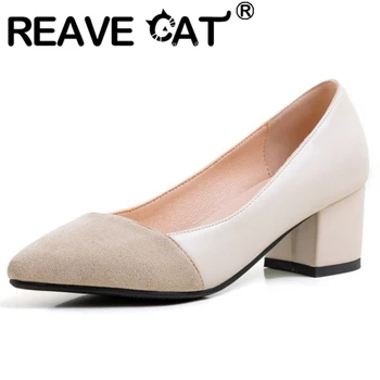 

REAVE CAT Concise Spring Autumn Ladies Pumps Pointed Toe 5.5cm Square Heels Slip on Shallow Mixed Color size 30-43 Office A3073