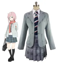 Hot Anime Game DARLING in the FRANXX CODE:002 Zero Two Cosplay Costume School Uniform Full Set Shirt+ jacket+ scarf+ wig+Tie