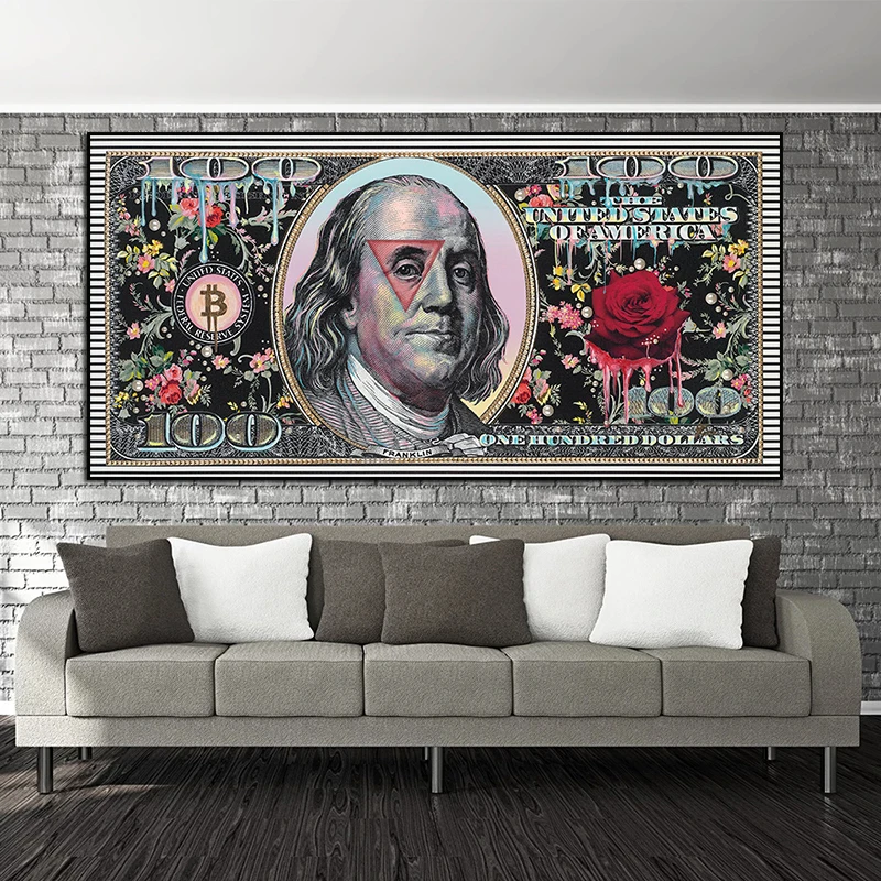 

Creative Dollar With Rose Flower Bitcoin Bill Canvas Painting Vintage 100 Dollar Poster and Prints Wall Art Home Decor Picture