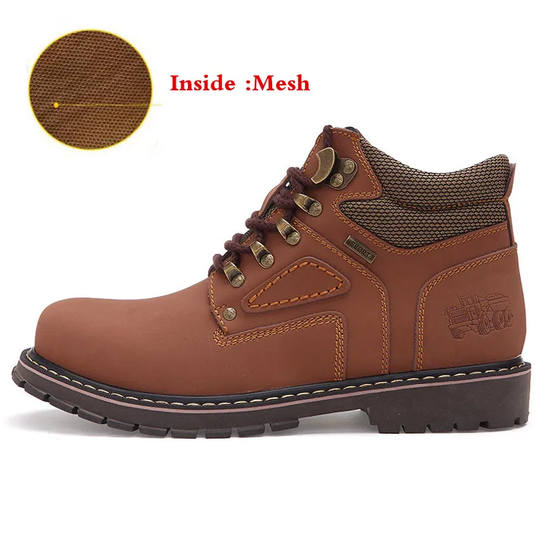 light brown mesh LIN KING/очень теплые мужские зимние ботинки из натуральной кожи; водонепроницаемые зимние ботинки; мужские ботильоны со шнуровкой на толстой подошве в стиле ретро; большие размеры - Цвет: light brown mesh