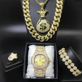 

Hip Hop Men Gold In Crystal Necklace Chain Luxury Men Watch & Necklace & Braclete & Ring Combo Set Ice Out Cuban Hip Hop Jewerly