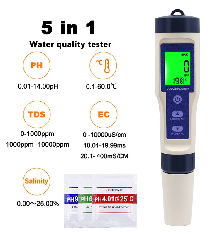 feeler gauges 5 in 1 Digital Temperature Meter TDS/EC/PH/Salinity Water Quality Monitor Tester for Pools, Drinking Water, Aquariums hardness testers