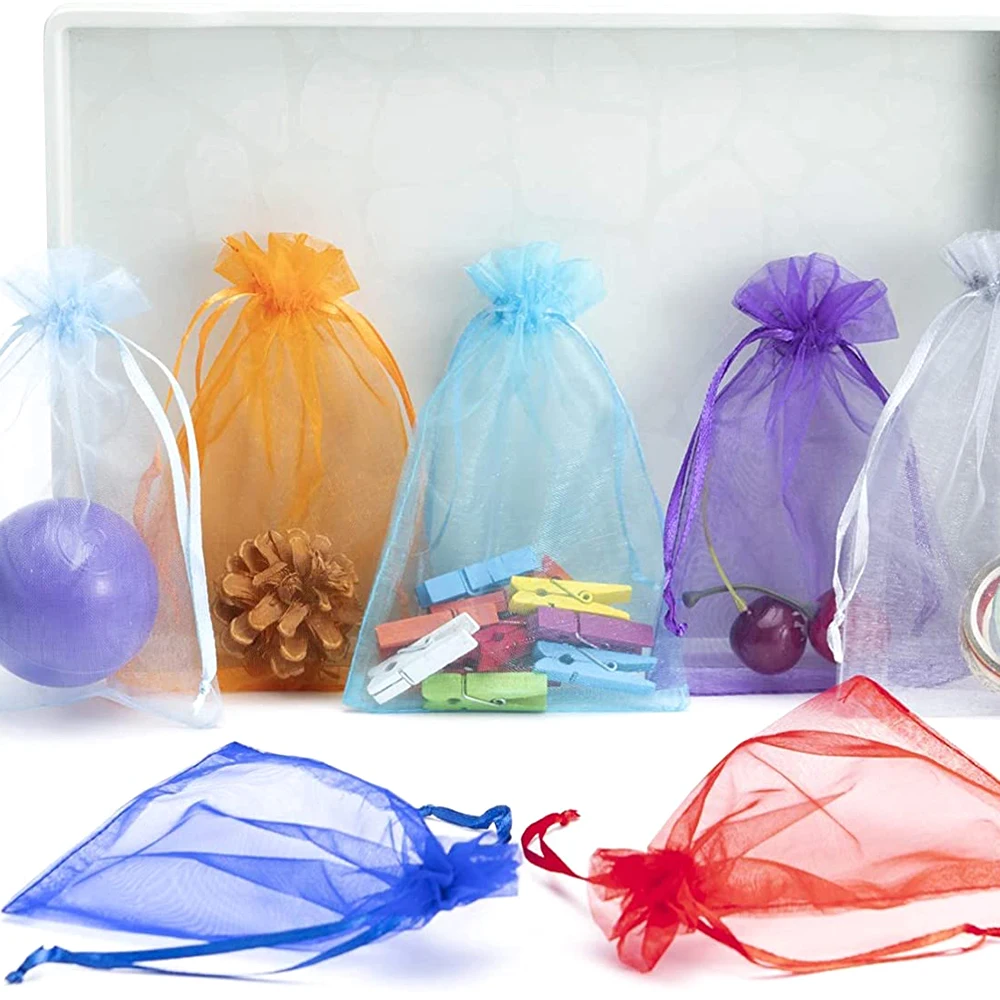 50pcs/lot Adjustable Drawstring Organza Bag 5x7cm 7x9cm 9x12cm 10x15cm  Jewelry Packaging Candy Wedding Party Gifts Pouches