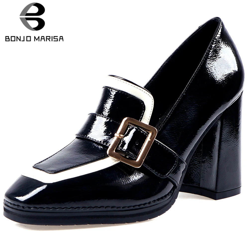

BONJOMARISA New Brand Concise Whole Genuine Leather Pumps Women 2019 Autumn Office Lady Elegant High Heels Shoes Woman