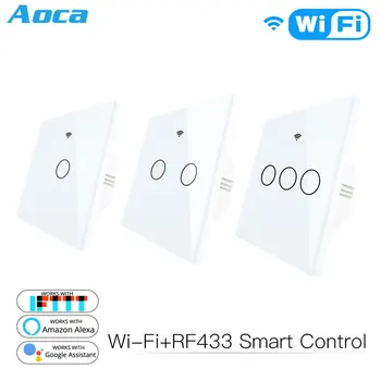 

WiFi Smart Glass Panel Switch Tuya App Remote Control Work With Alexa Echo Google Home RF433 EU Type White Touch 1/2/3 Gang