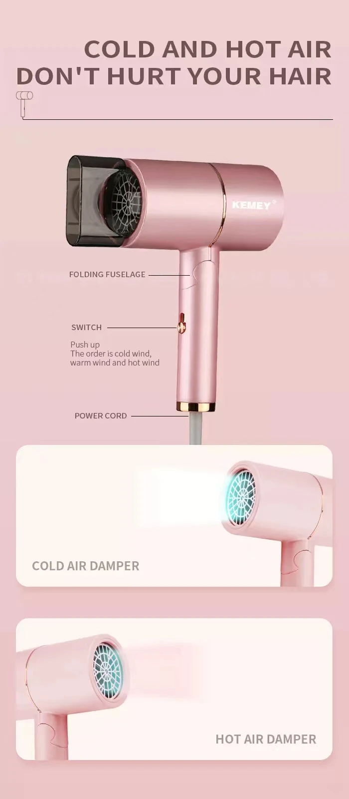 Secador de Cabelo Cuidados com o Cabelo Kemei Profissional Negativo Mais Suave Secagem Rápida Dobrável Portátil Rosa Casa Viagem Salão Beleza Íon 6 rápida dobrável portátil rosa secador de cabelo casa viagem salão beleza