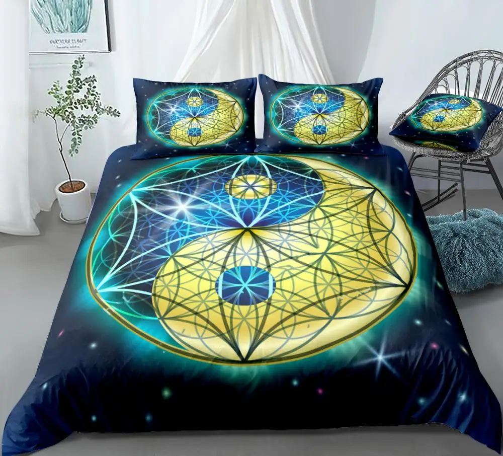 

Galaxy Geometry Duvet Cover Set Blue Yellow Yin Yang Bedding Starry Sky Quilt Cover Queen Home Textiles King 3pcs Dropship