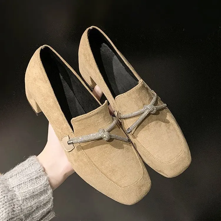 

2020 Spring Korean-style New Style Suede Chunky-Heel British Style Man-made Diamond Bow Semi-high Heeled Small Shoes Women's
