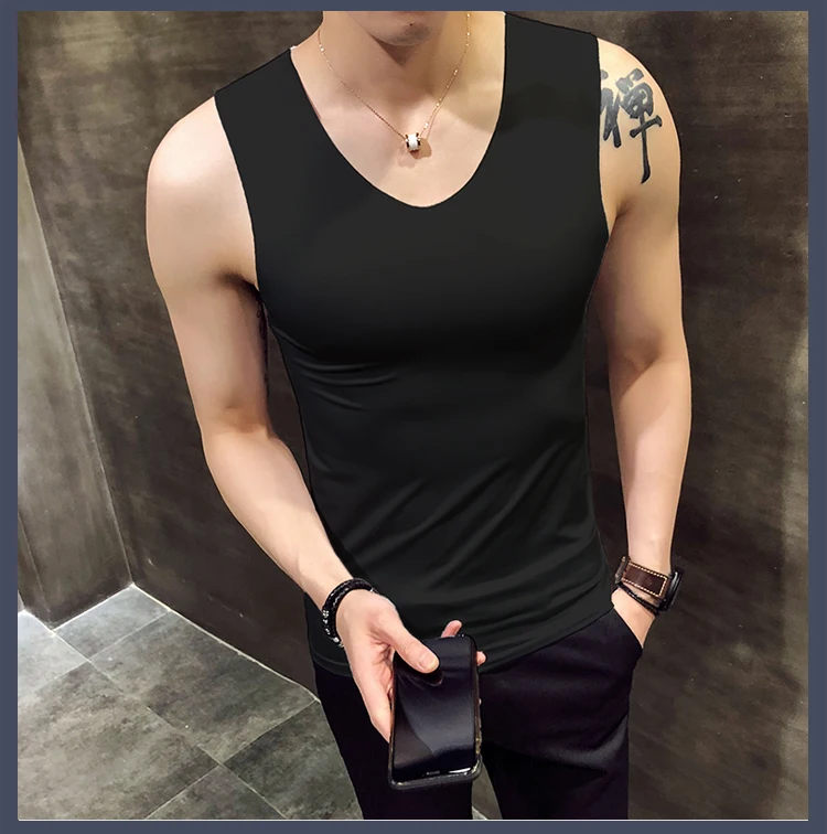 Summer Seemless Thin Viscose Elasticity Vest Young MEN'S Tight-Fitting Sleeveless T-shirt Sports Quick-Dry V-neck Base Underwear