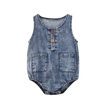 

0-12M NEW Summer Baby Girls Boys Clothing Unisex Infant Sleeveless Denim Romper Round Collar Pocket Jumpsuit Clothing