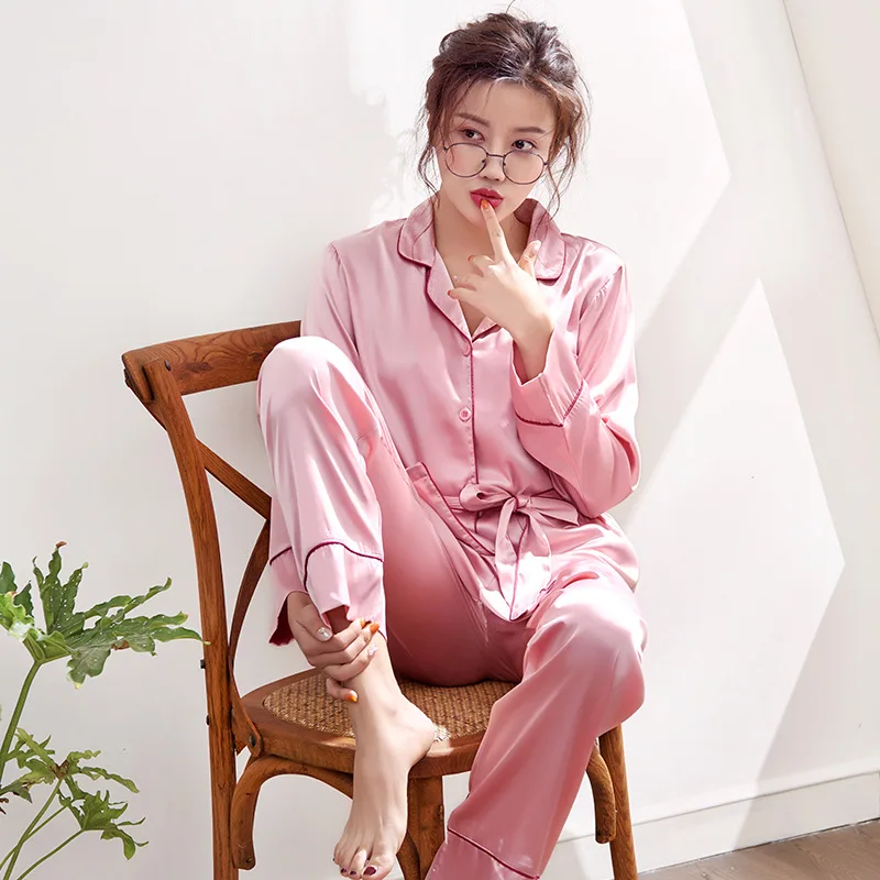 

Pink Silk Pajamas Women Long Sleeve Thin Type for Spring And Autumn Lace-up Two-Piece Set Solid Color Imitated Silk Fabric of Si