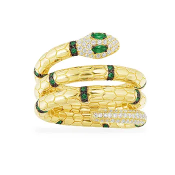 

MINABEAR High Quality 925 Sterling Silver Gold Color Multi Hoop Serpent Snake Finger Ring with Green Stones Women Brand Jewelry