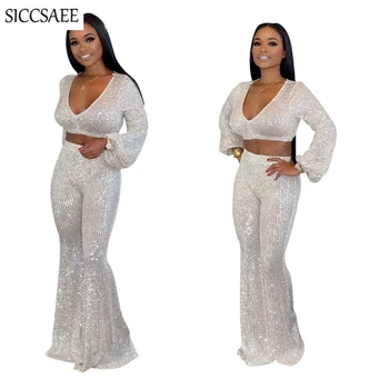 

Sexy Deep V Neck Puff Sleeve Crop Top Wide Leg Long Pants Silver Luxury Glitter Two Piece Set Sparkly Outfits Sequins Costumes