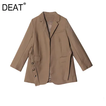 

DEAT 2020 new autumn and summer kahki color notched full length A-line with waist belt fashion women BF styles blazer WM98404L