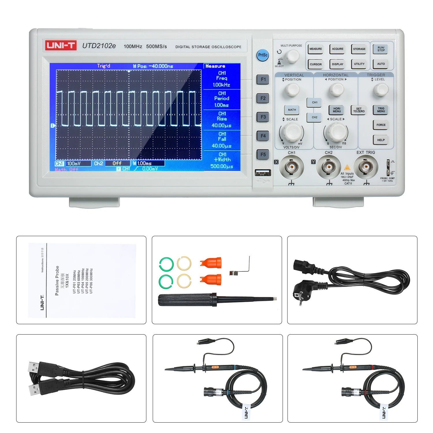 UNI-T UTD2102e цифровой осциллограф 100 МГц полоса пропускания с USB OTG 2 канала 500 мс/с Портативный " TFT ЖК-осциллограф