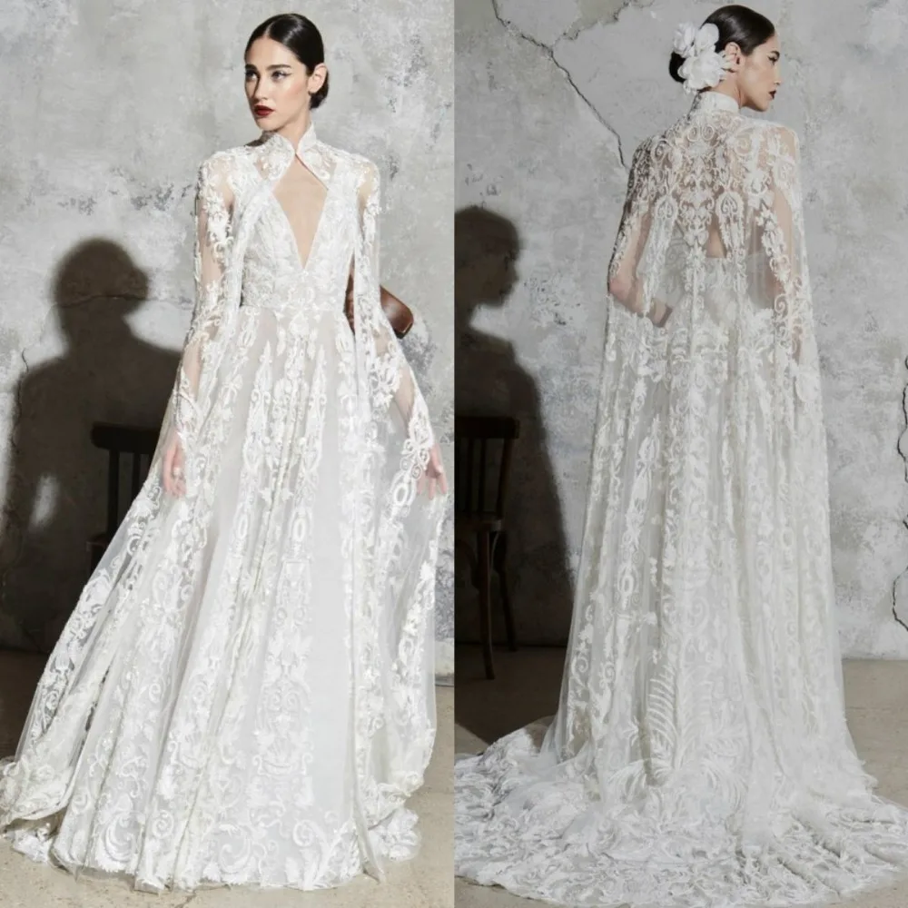 

2019 New Bridal Wraps Custom Made Lace Applique Cathedral Wedding Cape Shawls White and Ivory Bridal Jacket