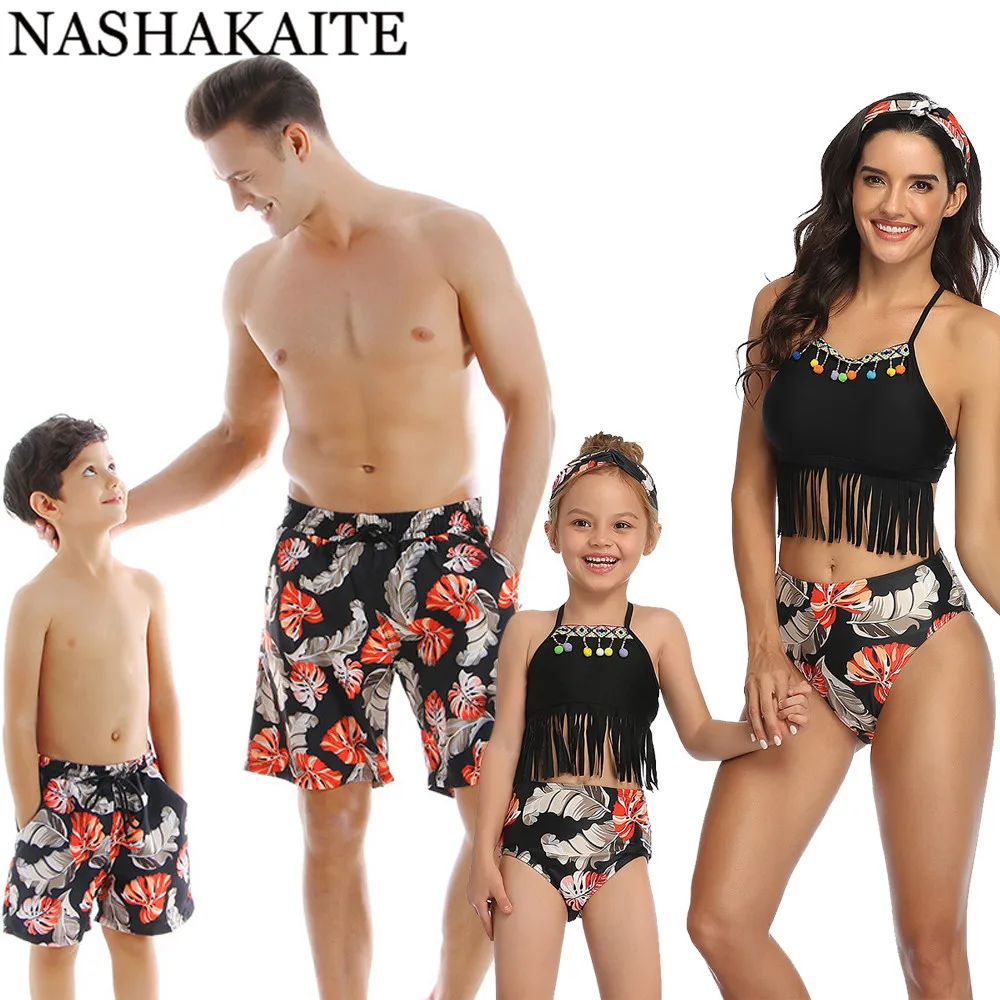 Black 3 NASHAKAITE/одинаковые купальники для всей семьи; купальный костюм с принтом в виде листьев для мамы, дочки, папы и сына; плавки для всей семьи - Цвет: Black 3