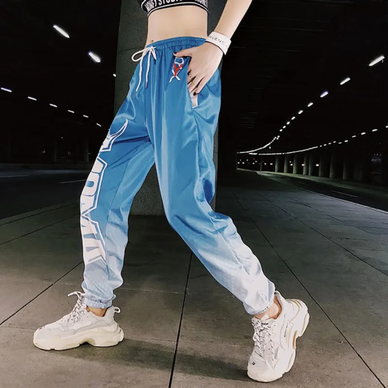 

Women Fashion Hip Hop Loose Trousers Elastic Drawstring High Waist Glossy Sporty Pants Harajuku Gradient Harem Pants