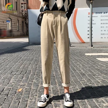 

Autumn Winter Women Corduroy Pants Fashion High Waist Female Straight Pants Streetwear Women Harem Trousers Capris 2019