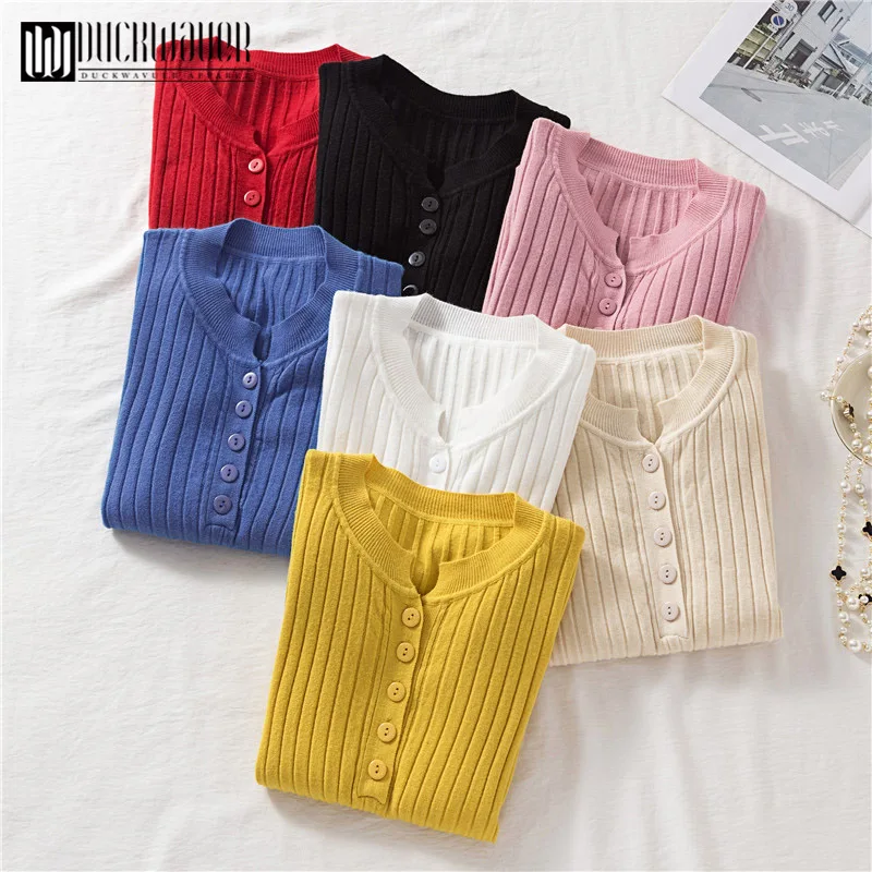 

Duckwaver Autumn spring Basic Sweater pullovers Women v-neck Solid Knit Slim Pullover female Long Sleeve warm button Sweater