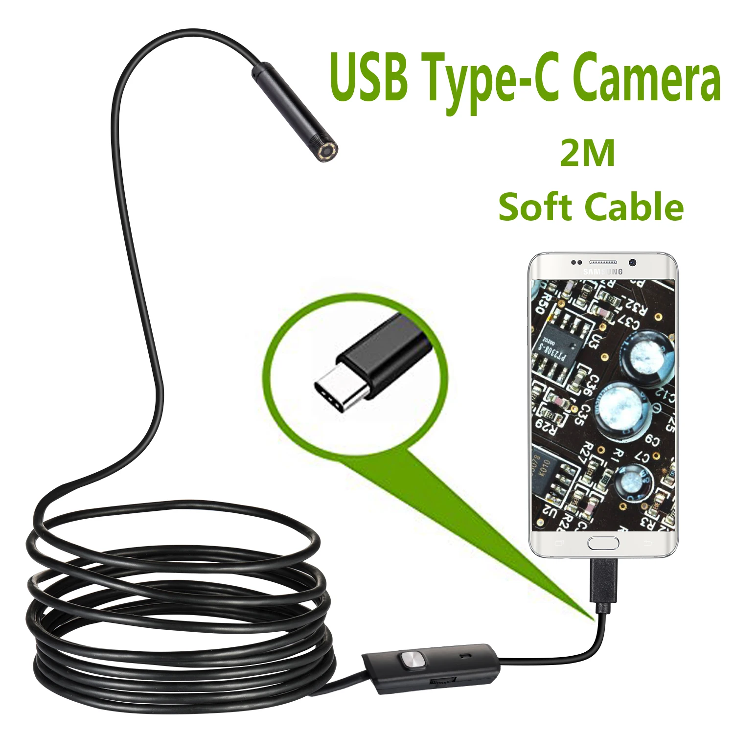 Cámara endoscópica USB tipo C de 7,0mm, boroscopio de inspección de serpiente Flexible, con 6LED ajustables, Android, PC, 2m