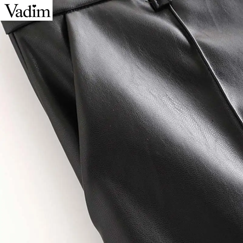 Vadim женские шикарные штаны из искусственной кожи с карманами на молнии, по колено, европейский стиль, женские повседневные стильные черные брюки KB169
