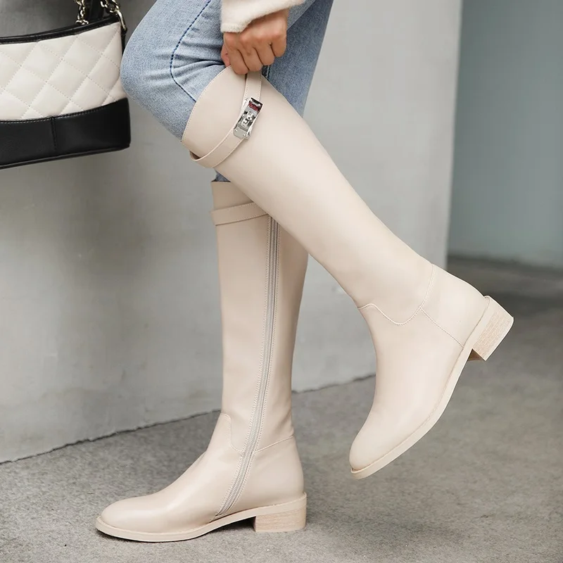 beige ZVQ/Сапоги до колена из натуральной коровьей кожи женская обувь бежевого, коричневого и черного цветов красивые женские мотоциклетные сапоги для верховой езды на молнии размер 39 - Цвет: beige
