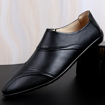 

Men Genuine Leather Shoes slip on Pointed Toe Man Flat Classic Men Dress Shoes Buckle Italian Formal loafers fashion moccasins 5