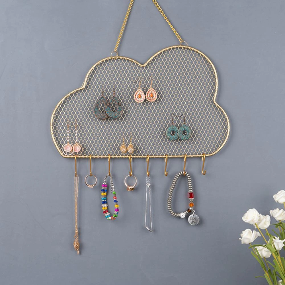 Organizador de collares para colgar en la pared, ganchos de joyería, rejilla de Metal con forma de nube, gancho colgar, pendientes, anillo, pulsera, de almacenamiento|Envase y de -