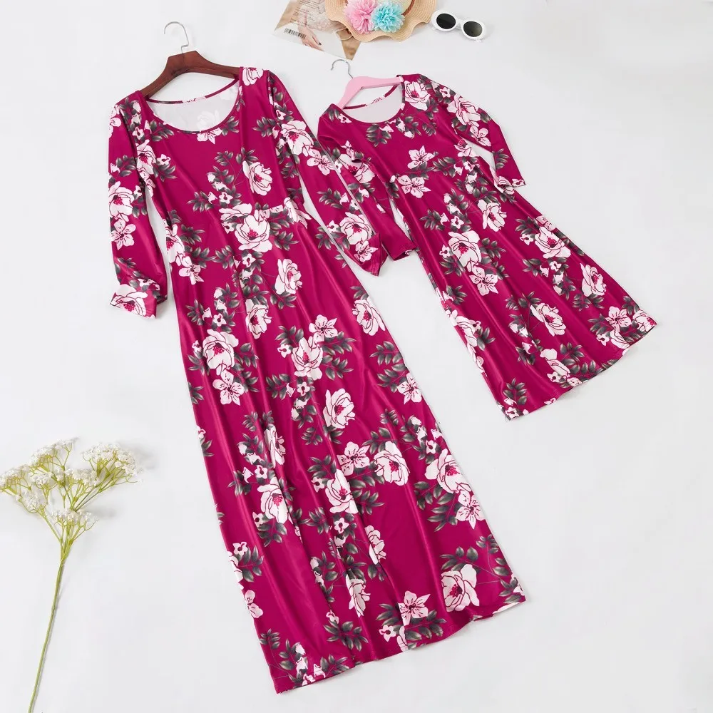 Mama And Daughter Dresses Wine Floral Mom And Kids Long Dress Family Matching Clothes Mommy Me Outfits Baby Girls Vestidos 2021