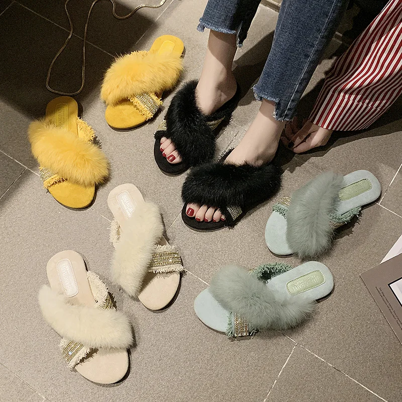 

Shoes Without Heel Women's Slippers 2019 Pokemon Plush Slides Low Flock Fashion Jelly Flip Flops Flat Soft New Fur