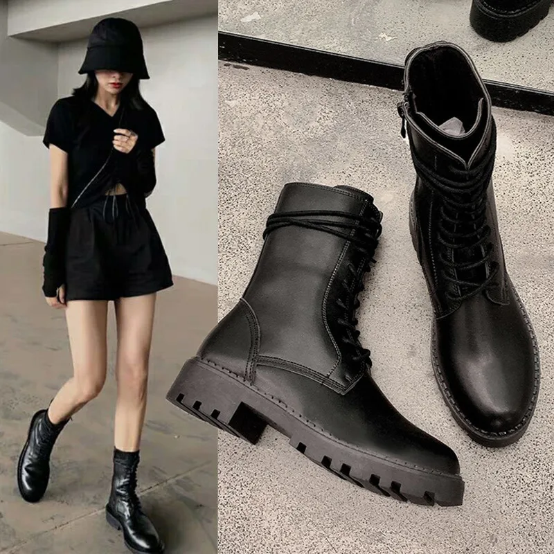 

Shoes Autumn Boots Luxury Designer Lace Up Bootee Woman 2019 Flat Heel Low Heels booties Martins For Women Booties Ladies Round