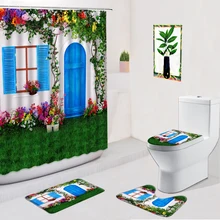 Aliexpress - Wooden Door Flower Shower Curtain Blue Gate Anti Skid ​Flannel Rug Toilet Footpad Doormat Bath Mats Home Decor Bathroom Curtains