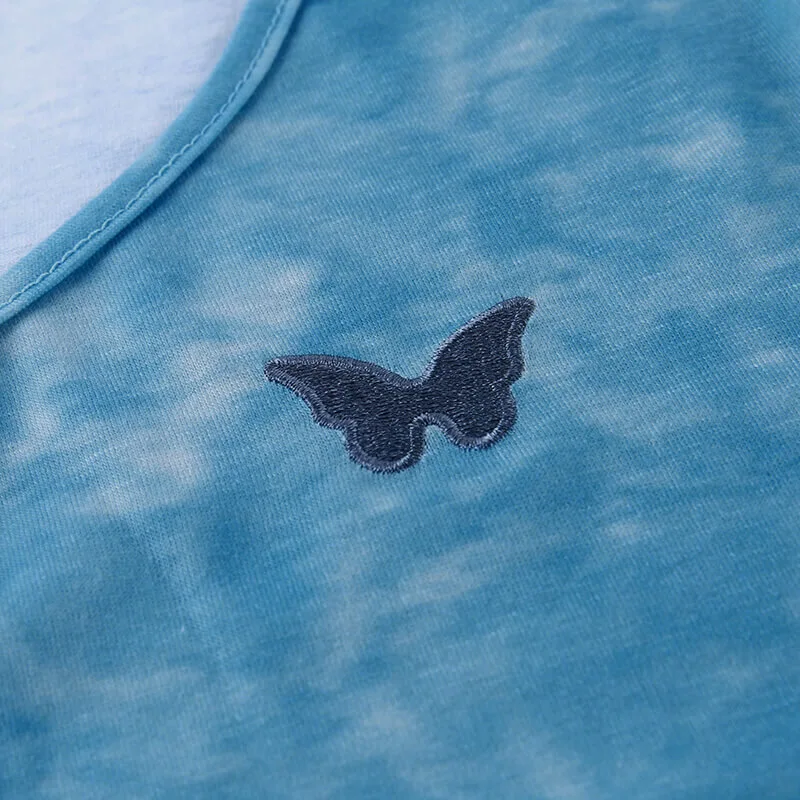 Blue Tye Die T Shirt Women Streetwear Harujuku Embroidery Butterfly Crop Top Button Tee Shirt Femme 90s Gothic Korean Clothes