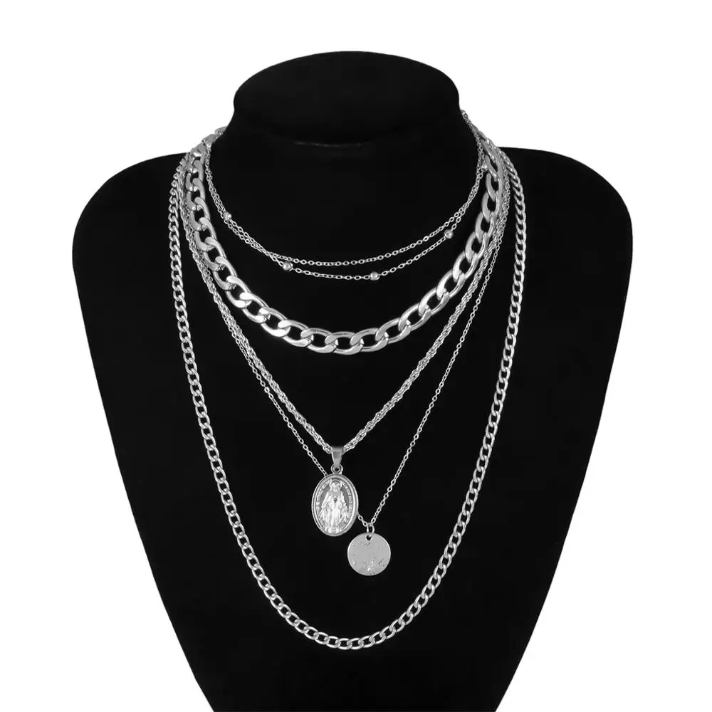 

Embossed Portrait Geometric Pendant Necklaces Bohemian Female 6 Layers Necklace Retro Gold Carved Coin Necklace Jewelry New 2019