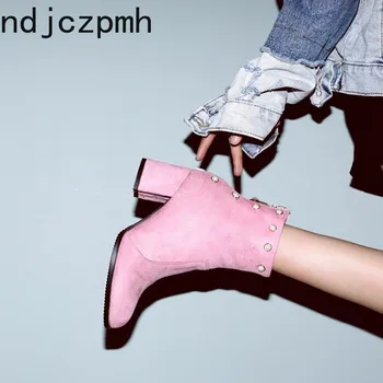 

Women's Boots Autumn and Winter The New Fashion Round Head Zipper Rivet Thick Heel High Heel Short Tube Women's Shoes Size 33-48